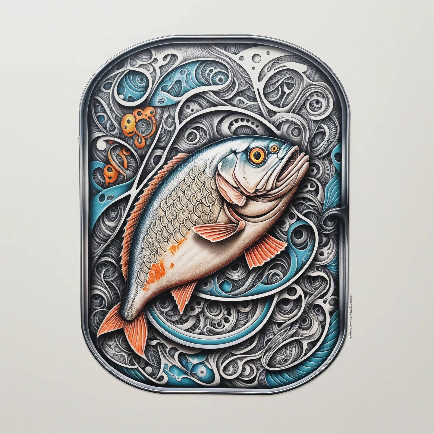 a tinned fish, intricate prison tattoo, retro doctor, color lineart, abstract negative space, isometric, (best quality,4k,8k,highres,masterpiece:1.2),ultra-detailed,(realistic,photorealistic,photo-realistic:1.37),highly detailed,cinematic lighting,vibrant colors,dramatic shadows,muted tones,moody atmosphere