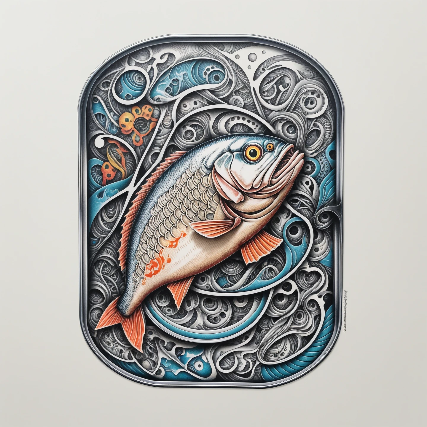 a tinned fish, intricate prison tattoo, retro doctor, color lineart, abstract negative space, isometric, (best quality,4k,8k,highres,masterpiece:1.2),ultra-detailed,(realistic,photorealistic,photo-realistic:1.37),highly detailed,cinematic lighting,vibrant colors,dramatic shadows,muted tones,moody atmosphere