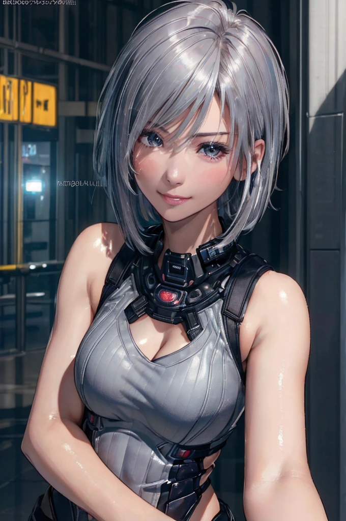 (8k, photorealistic, RAW photo, top quality: 1.4), (1girl), super beautiful, (realistic face), (boyish, silver-colored berry short hair), beautiful cyberpunk suit, glares seducing viewer, beautiful expression, beautiful breasts, (realistic skin), beautiful smile, (soldier), attractive, ultra high resolution, ultra realistic, high definition, spoiled