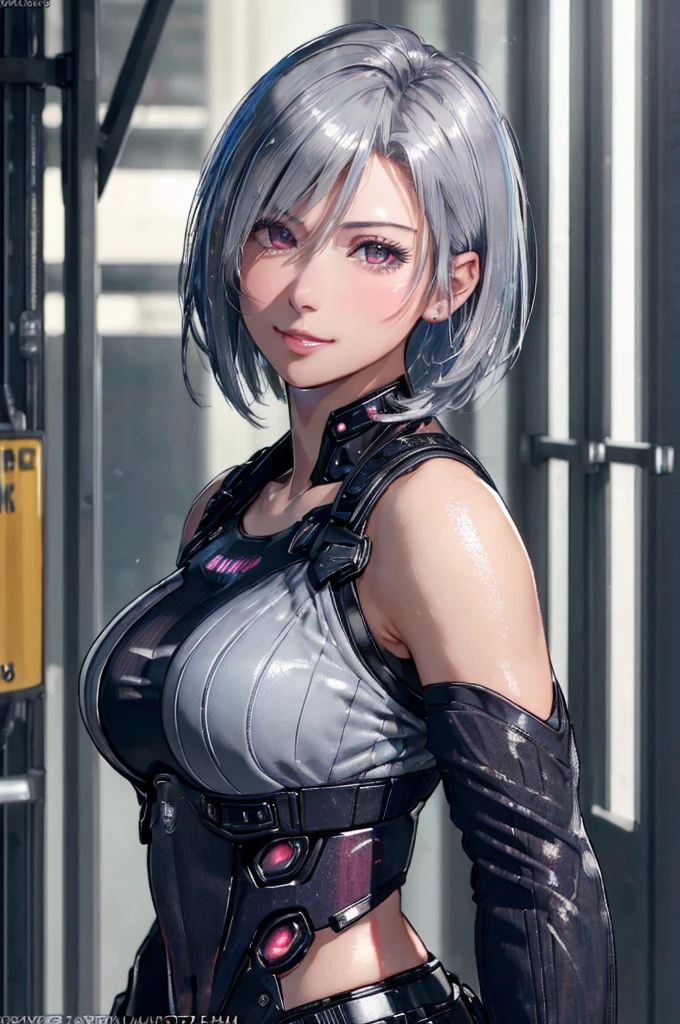 (8k, photorealistic, RAW photo, top quality: 1.4), (1girl), super beautiful, (realistic face), (boyish, silver-colored berry short hair), beautiful cyberpunk suit, glares seducing viewer, beautiful expression, beautiful breasts, (realistic skin), beautiful smile, (soldier), attractive, ultra high resolution, ultra realistic, high definition, spoiled