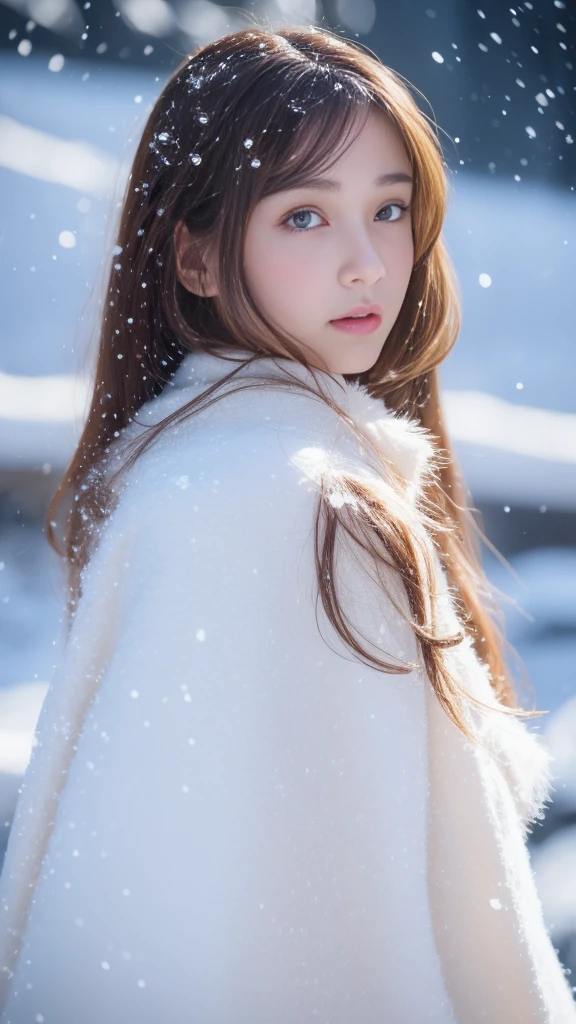(highest quality, 8k, 32K，details are very clear),Realistic, High resolution, 1 Japanese Women, alone, (Lolita Costume)，Gorgeous costumes，Facing the audience，(Upper Body，Upper limbs)， Beautiful Eyes, brown hair, Ring-shaped eyes, (outside，Heavy snowfall，thick fur cape，Cover with snow)，Snowfield，blue eyes，highest qualityのイラスト，Detailed facial features