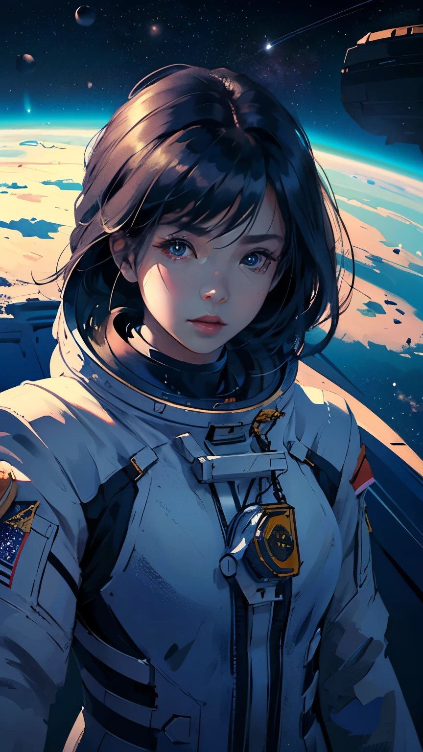 Looking at the camera、Upper Body、Black Hair、Long Hair、Spacesuit、Space Background、Flying through space、Predominant blue light、High resolution、High resolution、Maximum resolution 、Asian、Moderate bust、woman、nasa、Hair swaying in zero gravity、
