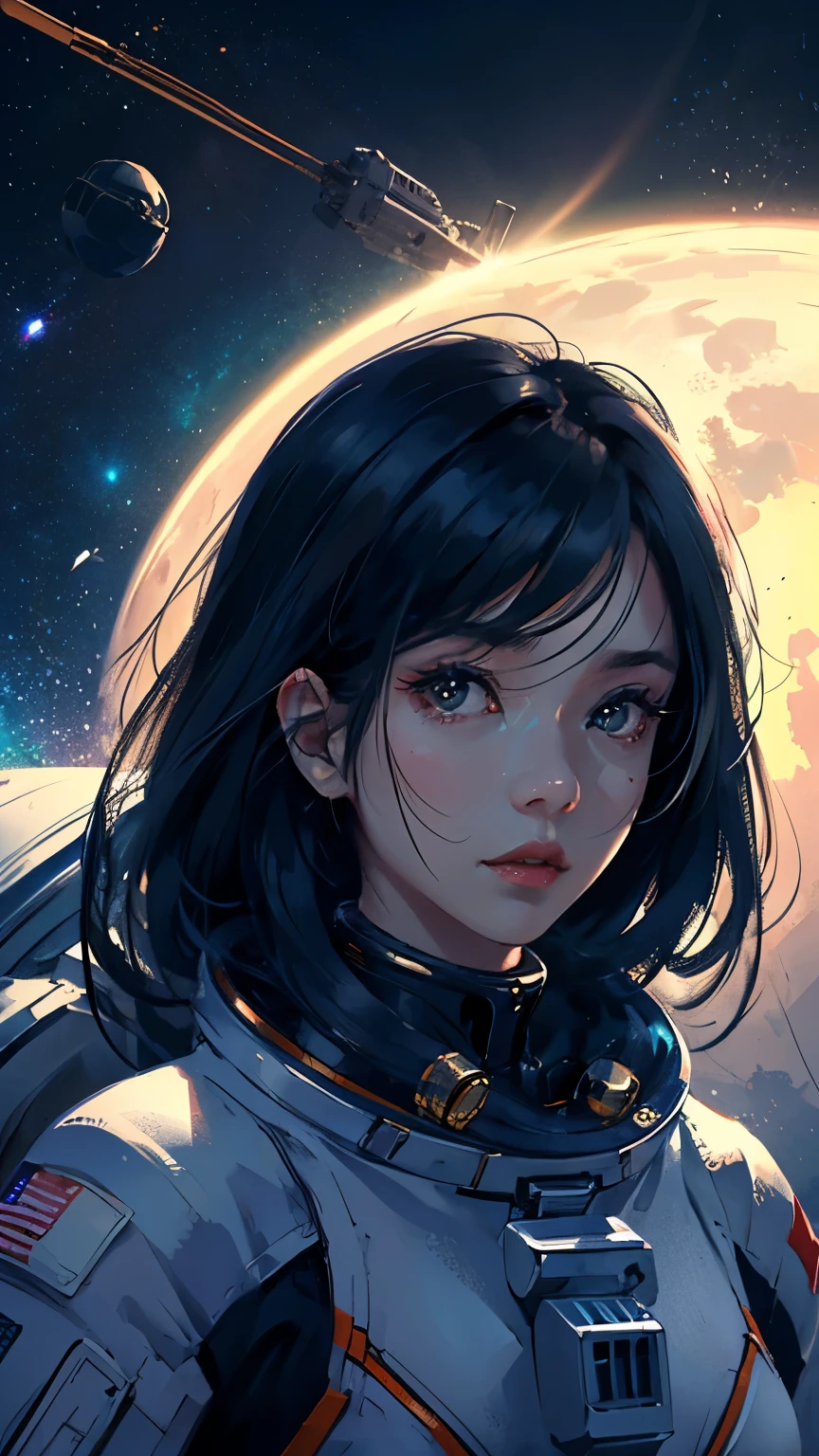 Looking at the camera、Upper Body、Black Hair、Long Hair、Spacesuit、Space Background、Flying through space、Predominant blue light、High resolution、High resolution、Maximum resolution 、Asian、Moderate bust、woman、nasa、Hair swaying in zero gravity、