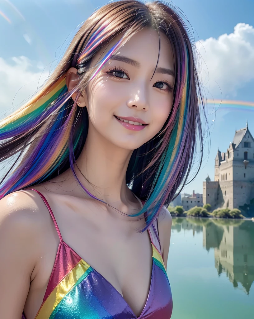 (Highest quality, 32k, High resolution, Masterpiece:1.5), marimo_jet, god々A photograph with brilliant dazzling and healing power., Evoking a sense of calm and elusive beauty, Expressing emotions, Have a rich imagination, Beautiful Japanese Girls, An exceptionally beautiful face, Small Face Beauty, , Perfect Human Anatomy, Magical big eyes, Motherhood and generosity, Deep Love, fleeting smile, ((Shiny rainbow hair:1.3)), Super long hair swaying in the wind, Asymmetrical bangs, Hair between the eyes, Transparent, soft white skin, Sharp eyebrows, Thin lashes, ((Natural Makeup:1.3)), Red dress, High resolutionの完璧な鎖骨, High resolutionの美しい胸元, Slim figure with ample breasts, High resolutionの美しい太もも, ((An old castle appears hazy on the distant horizon:1.5)), ((Salar de Uyuni stretches to the horizon:1.3)), ((The water surface reflects the sky like a mirror:1.5)), Beautiful detailed blue sky, Professional photographer, Professional Lighting, Professional models, god秘的
