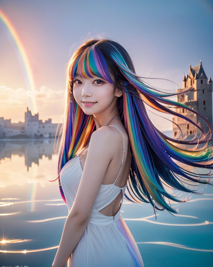 (Highest quality, 32k, High resolution, Masterpiece:1.5), marimo_jet, god々A photograph with brilliant dazzling and healing power., Evoking a sense of calm and elusive beauty, Expressing emotions, Have a rich imagination, Beautiful Japanese Girls, An exceptionally beautiful face, Small Face Beauty, , Perfect Human Anatomy, Magical big eyes, Motherhood and generosity, Deep Love, fleeting smile, ((Shiny rainbow hair:1.3)), Super long hair swaying in the wind, Asymmetrical bangs, Hair between the eyes, Transparent, soft white skin, Sharp eyebrows, Thin lashes, ((Natural Makeup:1.3)), Red dress, High resolutionの完璧な鎖骨, High resolutionの美しい胸元, Slim figure with ample breasts, High resolutionの美しい太もも, ((An old castle appears hazy on the distant horizon:1.5)), ((Salar de Uyuni stretches to the horizon:1.3)), ((The water surface reflects the sky like a mirror:1.5)), Beautiful detailed blue sky, Professional photographer, Professional Lighting, Professional models, god秘的