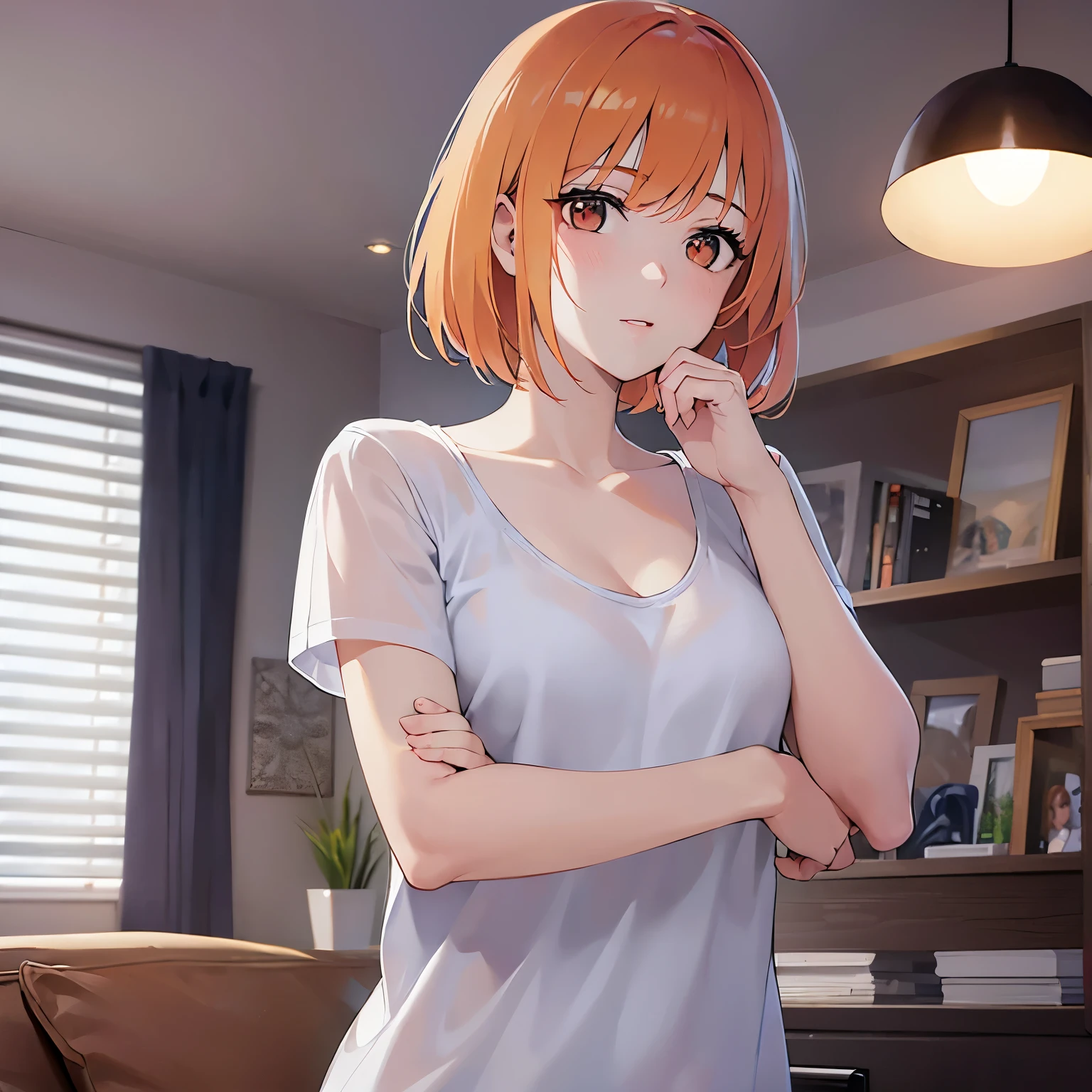 Upper Body, Realistic, real person, (pale skin: 1.2), RAW photo, photorealistic, shiny skin, shiny hair、(A 25-year-old woman with a bob cut and bangs) and (orange hair) and (Orange Eyes) , Wearing a white V-neck T-shirt ,evil smile, The background is the living room at night、Alone、Arms crossed