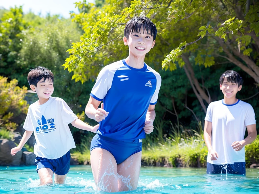 Swimming in the river in summer、Full of nature、１０Year old boy、Cute boy、Boy in gym clothes、The bottom of the white T-shirt is blue、Blue shorts、Japanese、、My whole body is wet、There is a lively voice