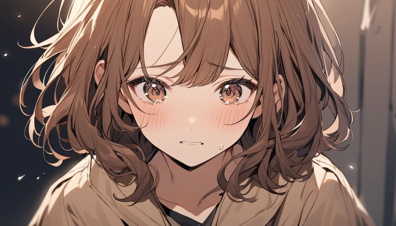 A girl with brown hair and wavy bob hair wearing a dark beige coat. Don't cry easily.