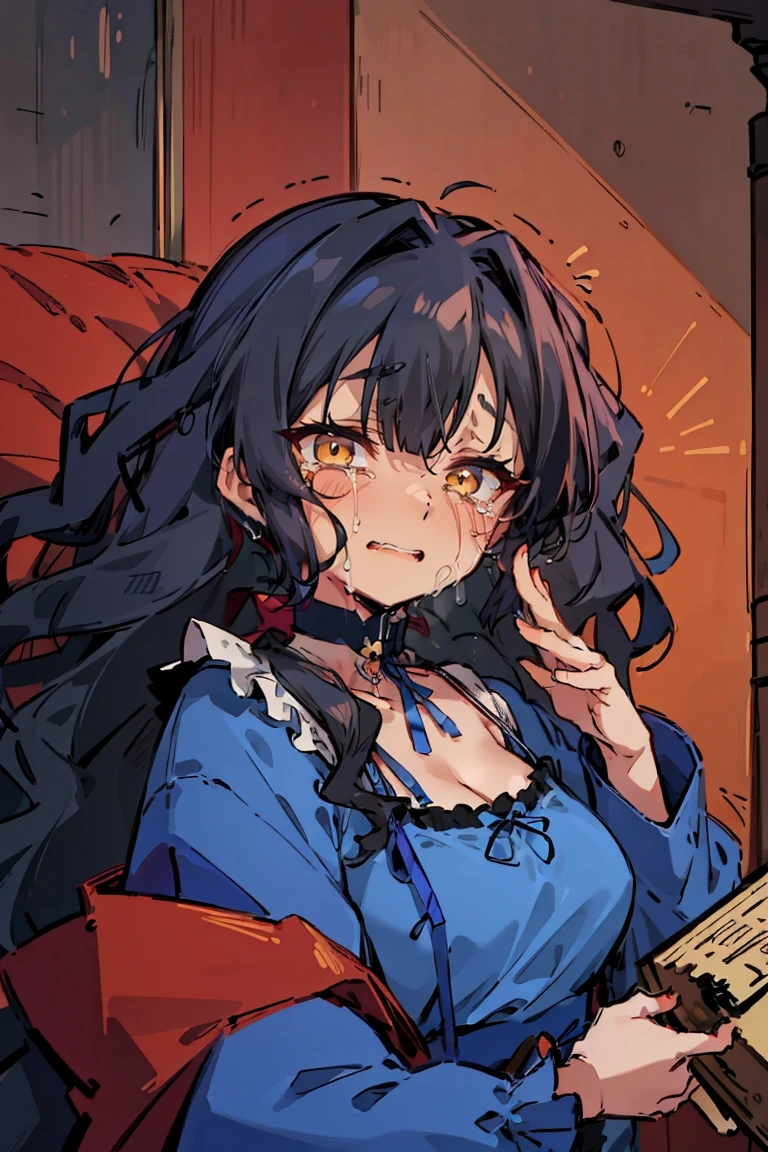 (masterpiece:1.2), (high quality:1.2), (hui xiyi:0.7)rekkyo sensen, rekkyou sensen, girls with((black hair, bangs, (one side up, long wavy hair:1.55), hand up, waving is hands, perfect hands, perfect fingers, exposed breasts, tits cleavage, breasts close up, dress((suspenders, dress, blue camisole dress:0.65), (belts:0.7), (blue clothes, frills shirt, black underwear and silver choker, jacket, long sleeves, straps, ribbon:1.2)), upper body)), background with((bedding, futon, jail, prison:1.45))