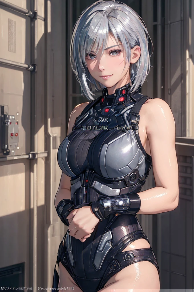 (8k, photorealistic, RAW photo, top quality: 1.4), (1girl), super beautiful, (realistic face), (boyish, silver-colored berry short hair), beautiful cyberpunk suit, glares seducing viewer, beautiful expression, beautiful breasts, (realistic skin), beautiful smile, (soldier), attractive, ultra high resolution, ultra realistic, high definition, spoiled