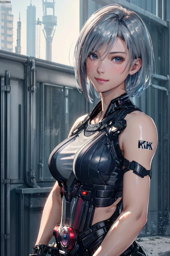 (8k, photorealistic, RAW photo, top quality: 1.4), (1girl), super beautiful, (realistic face), (boyish, silver-colored berry short hair), beautiful cyberpunk suit, glares seducing viewer, beautiful expression, beautiful breasts, (realistic skin), beautiful smile, (soldier), attractive, ultra high resolution, ultra realistic, high definition, spoiled