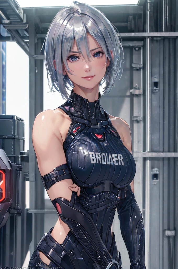 (8k, photorealistic, RAW photo, top quality: 1.4), (1girl), super beautiful, (realistic face), (boyish, silver-colored berry short hair), beautiful cyberpunk suit, glares seducing viewer, beautiful expression, beautiful breasts, (realistic skin), beautiful smile, (soldier), attractive, ultra high resolution, ultra realistic, high definition, spoiled