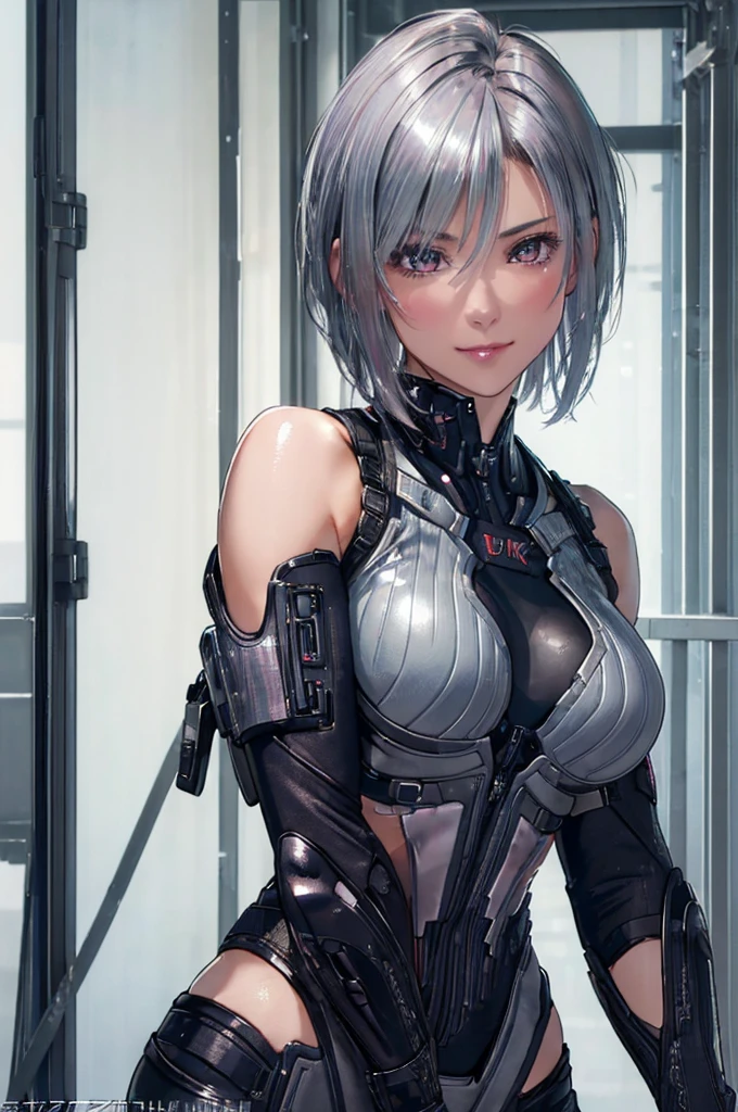 (8k, photorealistic, RAW photo, top quality: 1.4), (1girl), super beautiful, (realistic face), (boyish, silver-colored berry short hair), beautiful cyberpunk suit, glares seducing viewer, beautiful expression, beautiful breasts, (realistic skin), beautiful smile, (soldier), attractive, ultra high resolution, ultra realistic, high definition, spoiled