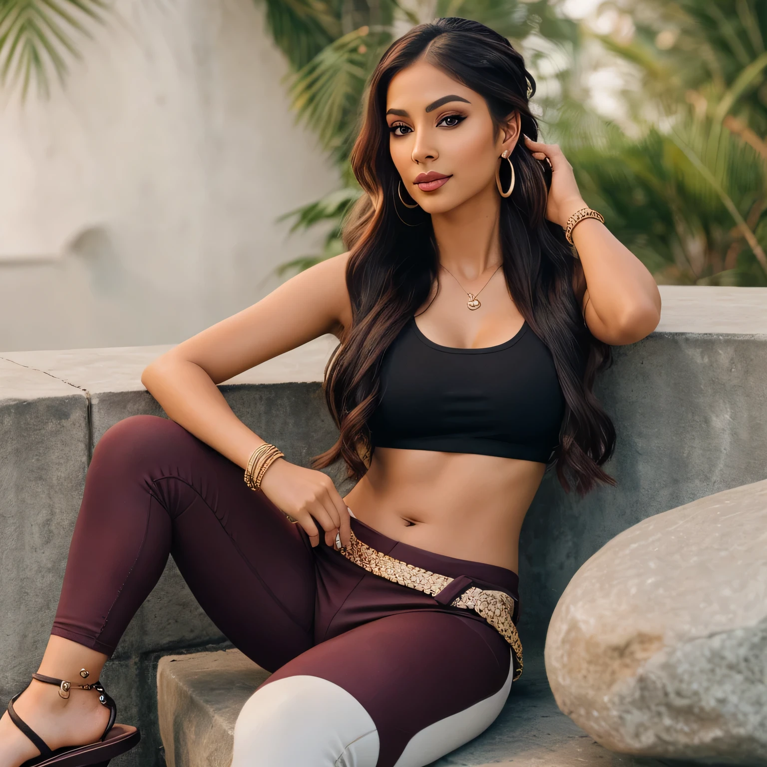Create an ultra-realistic image of a modern, attractive female influencer of Indian descent, aged between 27 to 30. She should have a warm and inviting smile, expressive almond-shaped eyes with a slight shimmer, and clear, glowing skin with a medium brown complexion. Her features should be well-defined, with high cheekbones and a sharp jawline. Her hair should be long, thick, and wavy, with a natural shine and bounce, styled in a braided crown that wraps around her head like a halo, with a deep burgundy color. She should have a slender yet athletic build with a medium bust size (40-42 inches), reflecting a healthy and active lifestyle.
She is wearing functional and stylish activewear, like leggings with a sporty kurta or top, highlighting her toned figure. Her outfit is completed with stylish black heeled sandals that add elegance to her look. She accessorizes with subtle yet chic jewelry, such as small hoop earrings and a few thin bangles.
The background should be a vibrant setting with adventure sports locations like rock climbing or kayaking spots, suggesting a cosmopolitan and active lifestyle. Her overall appearance should exude confidence, approachability, and sophistication, capturing the essence of a contemporary Indian fashion influencer.