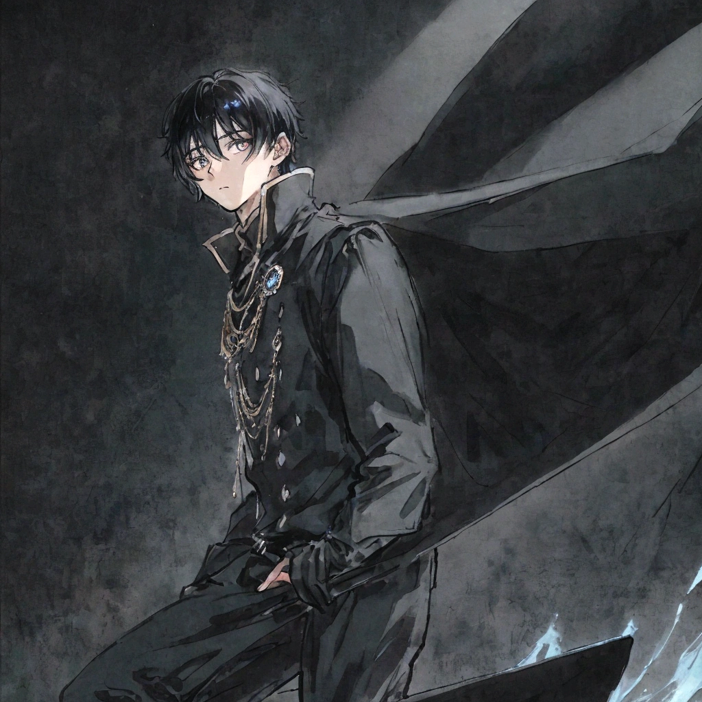 1boy, black hair with blue underlight, black eyes, tall, dark background