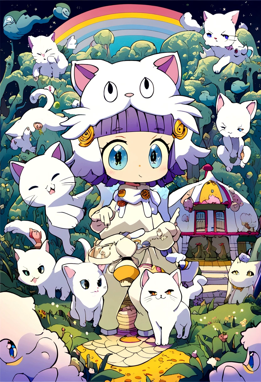 3 white cats playing, gazing at viewer,cute illustration, estiilo cartoon, cartoon