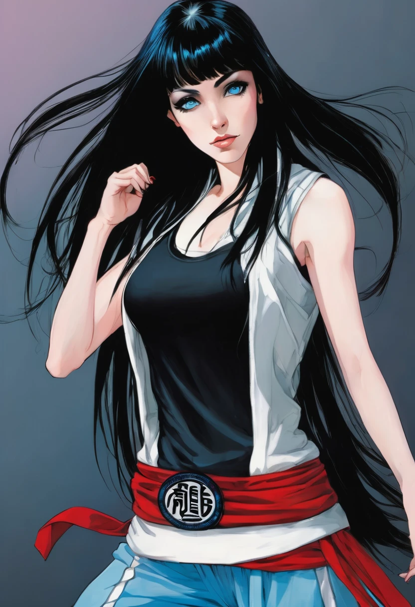 She has long straight black hair with straight bangs above her eyebrows and icy light blue eyes, pale skin, a atletic defined toned body, a thin waist, wide hips and. She really likes heavy metal and post punk, she knows how to fight karate, capoeira and Brazilian jiu-jitsu. she always wears black clothes or band shirts along with gothic or metal accessories.