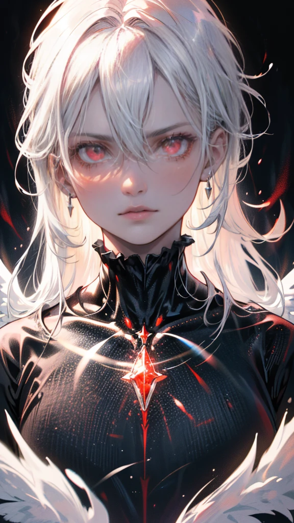 (best quality,highres,realistic:1.37),dark angel boy, portrait,black and white,soft lighting,smoky atmosphere, white hair,fierce gaze,menacing presence,ethereal,vivid red eyes,mysterious aura,ominous shadows,dark and mystical ambiance,enchanted background,tall and slender figure,dramatic pose,hauntingly beautiful.