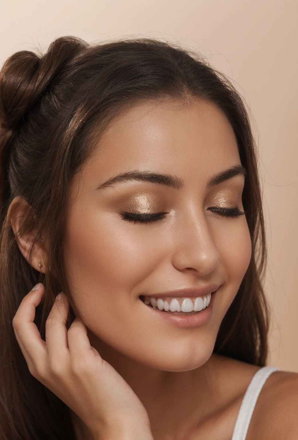 A young woman is depicted in a close-up shot against a plain, light-colored background. She has her dark hair pulled back in a loose, messy bun, and her complexion is glowing and clear. The woman is smiling brightly, showing her teeth, and has her eyes closed in a joyful expression. She is holding a Clinique product container, specifically a round compact. The compact has a sleek, metallic rose gold rim and a dark brown lid that features the Clinique logo in white. The compact appears to be a high-end cosmetic product, possibly a foundation or a pressed powder. She holds the compact up to her right eye, adding a playful element to the image. The overall mood of the photo is fresh, cheerful, and elegant, emphasizing the luxury and quality of the Clinique product.