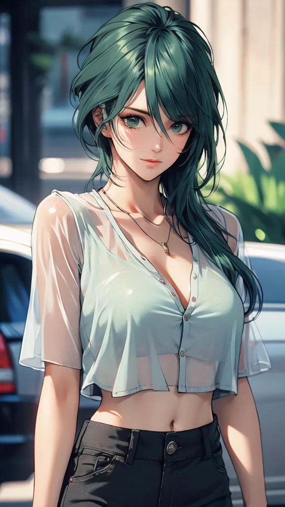 1 Female, Tamaki, green hair, hair between eyes, (detailed eyes:1.3), White see-through shirt, cargo pants