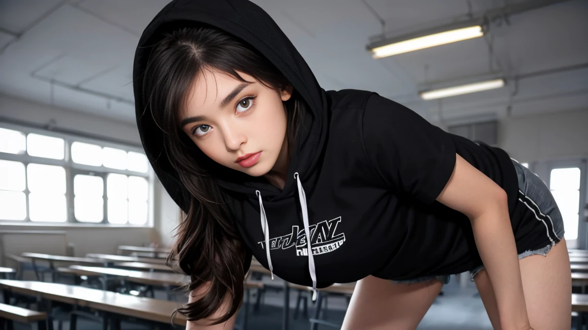 une femmes de 18 ans sexy et mince , black short sleeve hoodie , salle de classe, se touche,position sey,sensuel