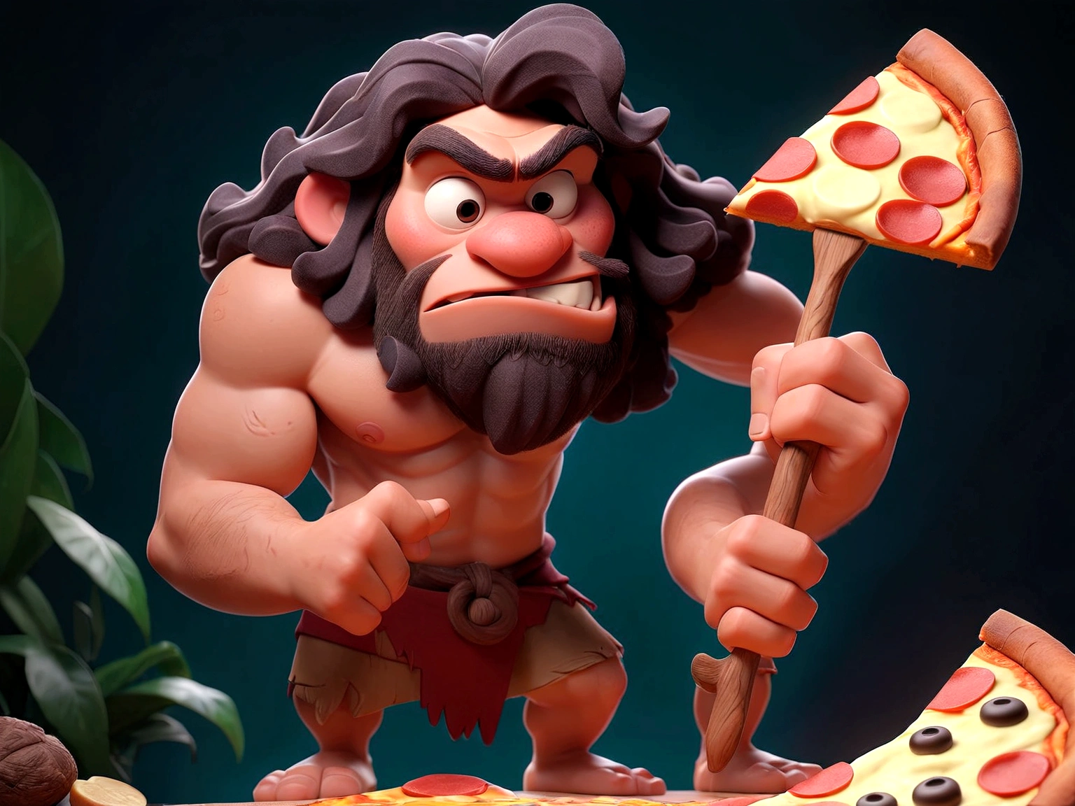 disney pixar style caveman ,holding a club a pizza