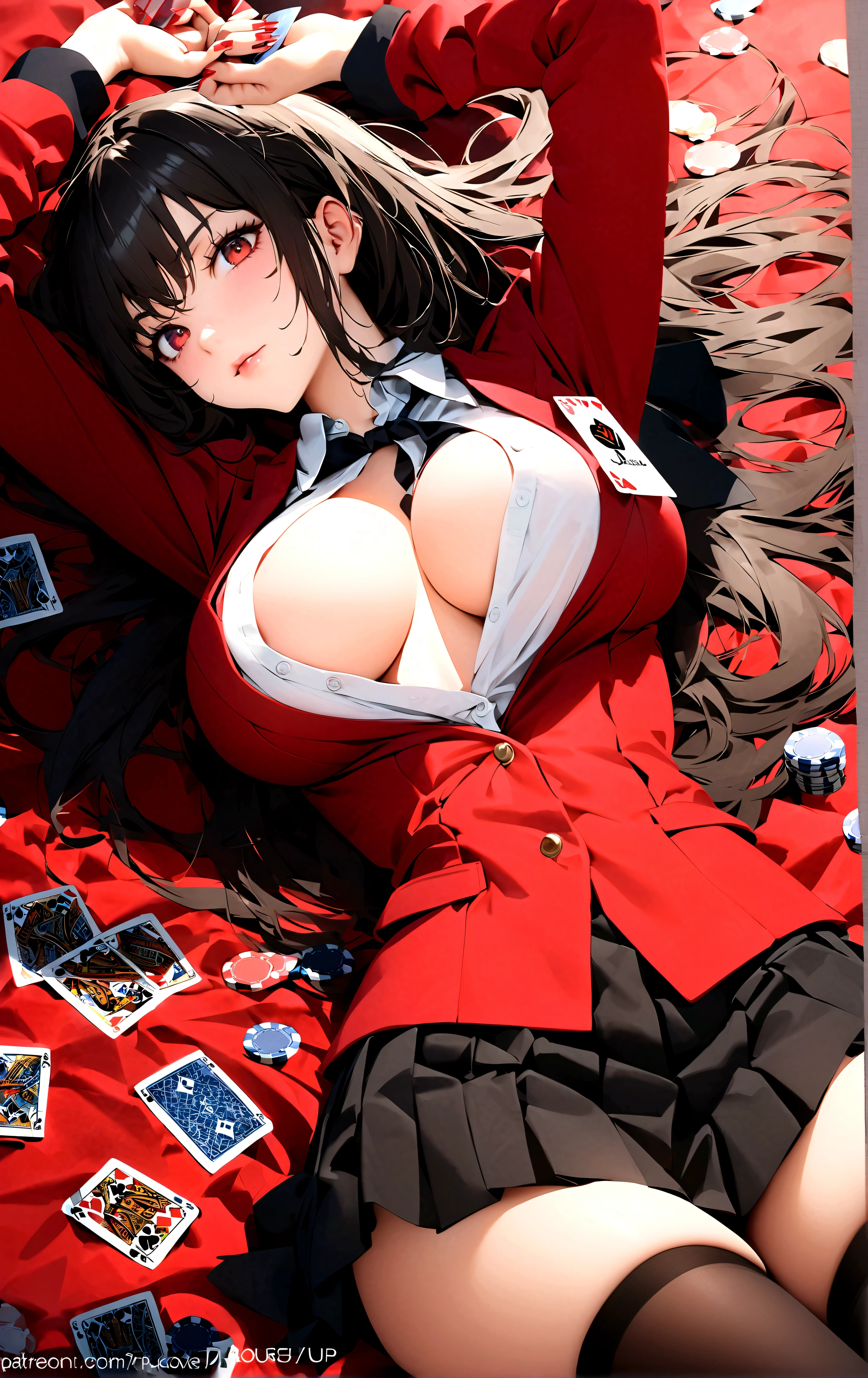 score_9、score_8_up、score_7_up Kakegurui Jabami Yumeko 1 person arms up artist name banknote black hair black skirt breasts cards cleavage collared shirt dress shirt holding holding card Hyakkaou Academy uniform ID card jacket knees up large breasts long hair looking at viewer lying down miniskirt money nail polish on back partially unbuttoned Patreon username playing cards pleated skirt poker chips red eyes red jacket red nails uniform shirt signature skirt solo legs spread thigh-high socks web address white shirt