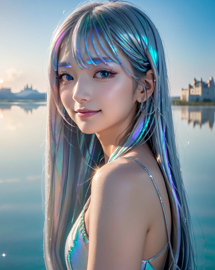 (Highest quality, 32k, High resolution, Masterpiece:1.5), marimo_jet, god々A photograph with brilliant dazzling and healing power., Evoking a sense of calm and elusive beauty, Expressing emotions, Have a rich imagination, Beautiful Japanese Girls, An exceptionally beautiful face, Small Face Beauty, , Perfect Human Anatomy, Magical big eyes, Motherhood and generosity, Deep Love, fleeting smile, ((Iridescent silver hair:1.3)), Super long hair swaying in the wind, Asymmetrical bangs, Hair between the eyes, Transparent, soft white skin, Sharp eyebrows, Thin lashes, ((Natural Makeup:1.3)), Red dress, High resolutionの完璧な鎖骨, High resolutionの美しい胸元, Slim figure with ample breasts, High resolutionの美しい太もも, ((An old castle appears hazy on the distant horizon:1.5)), ((Salar de Uyuni stretches to the horizon:1.3)), ((The water surface reflects the sky like a mirror:1.5)), Beautiful detailed blue sky, Professional photographer, Professional Lighting, Professional models, god秘的