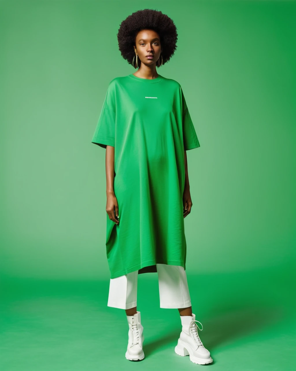 white oversize t-shirt, all green color background,balenciaga concept fashion photo, Paris