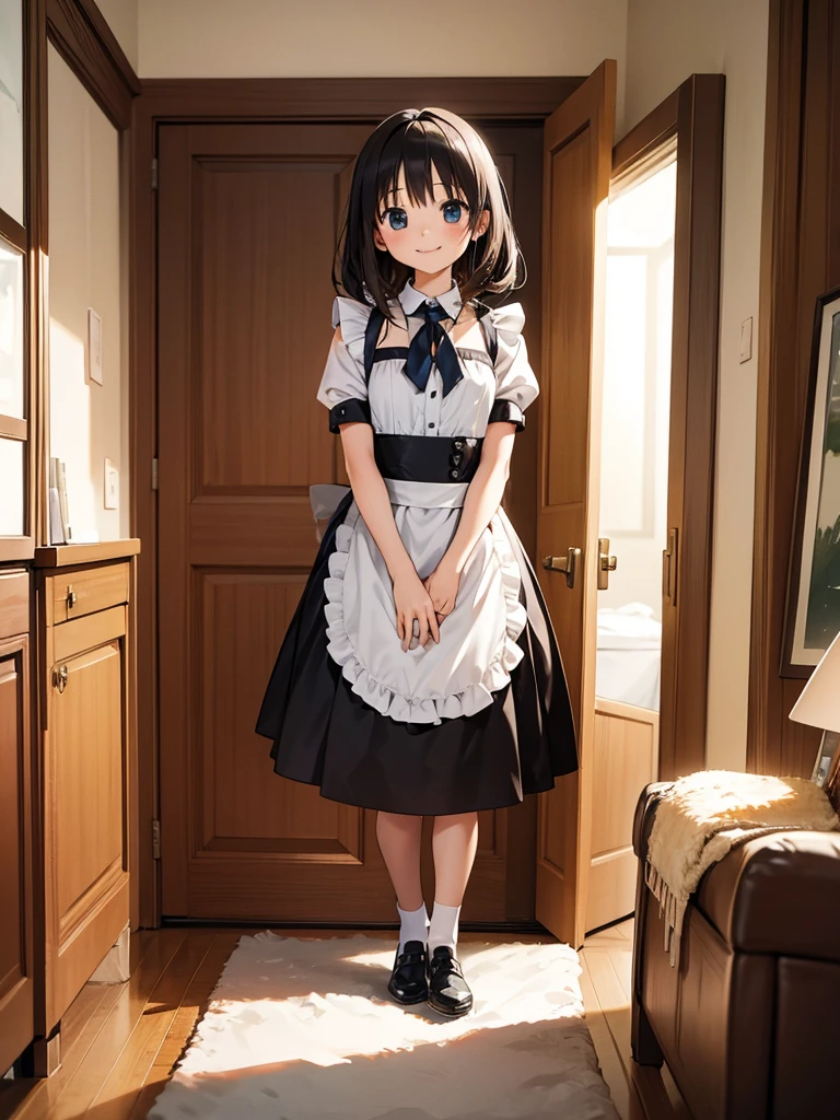 masterpiece, best quality, 2girls, 10yo, (ite),
 smile, standing, maid, living room,