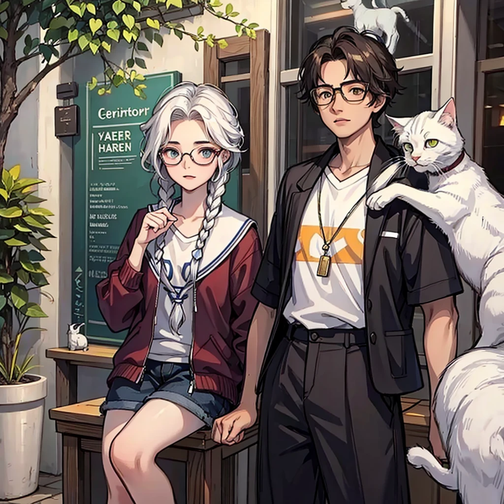 17 year old girl wears glasses and braids, 17 year old boy is handsome and cool, white cat