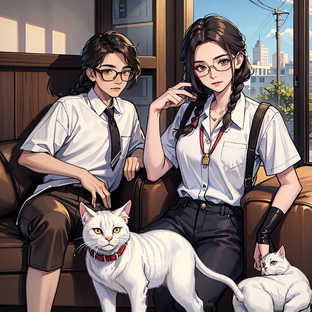 17 year old girl wears glasses and braids, 17 year old boy is handsome and cool, white cat