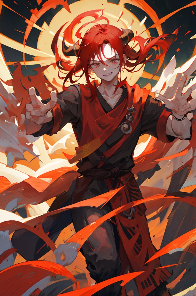 Red haired young man, masculine, black horns on forehead, Black shirt, martial artist clothes, monk robes, surrounded by fire, golden eyes, sharp eyes, dark red hair, ponytail, confident smile, black armbands, light dark skin, perfect hands, good hands, good fingers, battle pose, high quality, masterpiece, 4k,
