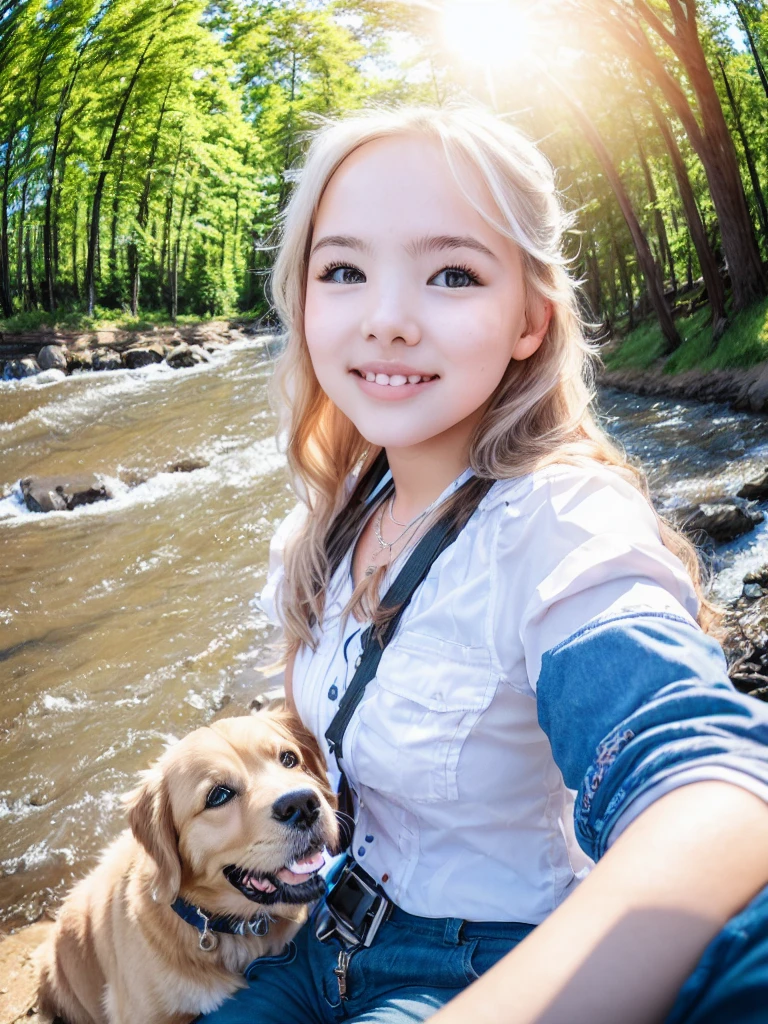 girl sitting by the river with a dog,Sun, clouds, gopro camera, blond, beautiful nature,sun rays, trees, looks at the camera, Evening,detailed face, close-up