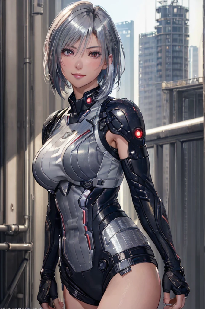 (8k, photorealistic, RAW photo, top quality: 1.4), (1girl), super beautiful, (realistic face), (boyish, silver-colored berry short hair), beautiful cyberpunk suit, glares seducing viewer, beautiful expression, beautiful breasts, (realistic skin), beautiful smile, (soldier), attractive, ultra high resolution, ultra realistic, high definition, spoiled