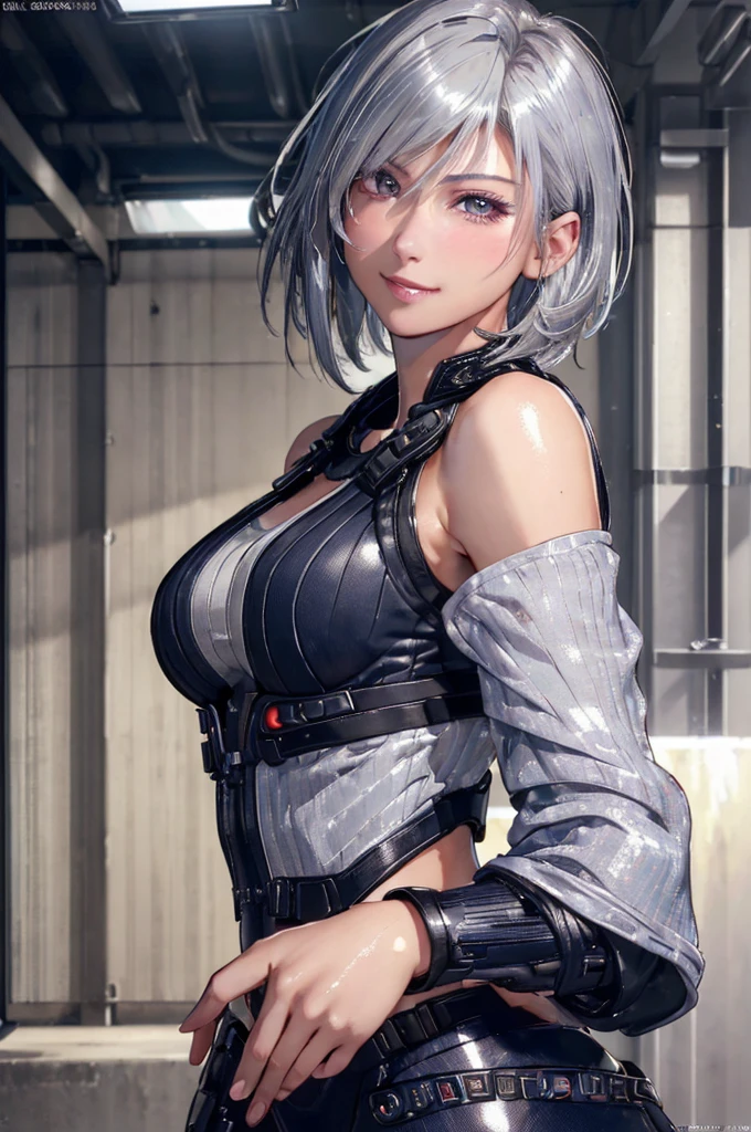(8k, photorealistic, RAW photo, top quality: 1.4), (1girl), super beautiful, (realistic face), (boyish, silver-colored berry short hair), beautiful cyberpunk suit, glares seducing viewer, beautiful expression, beautiful , (realistic skin), beautiful smile, (soldier), attractive, ultra high resolution, ultra realistic, high definition, spoiled