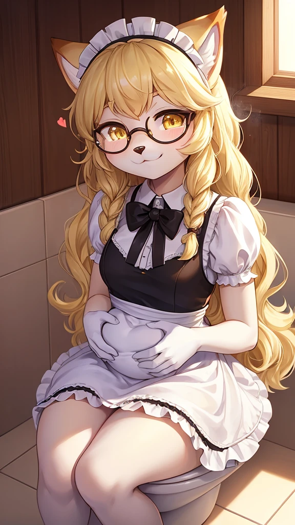 best quality,Optimal resolution,(Fluffy anthropomorphic furry :1.6),(young :1.8),Catwoman,Small Breasts,Light yellow hair,Long hair,curls,Curly hair,light fur,Yellow eyes,Sparkling eyes,Shining eyes,Big round glasses,maid outfit,Maid headdress,Maid gloves,Ruffles,Beautiful toilet,White light,Steam from a coffee machine,Full flush,Smiley Face,Smile,heart shape eye,Heart shaped eyes,Shy pose,permanent,Sexy pose,Paw pose,Sitting on the toilet,Holding the stomach,
