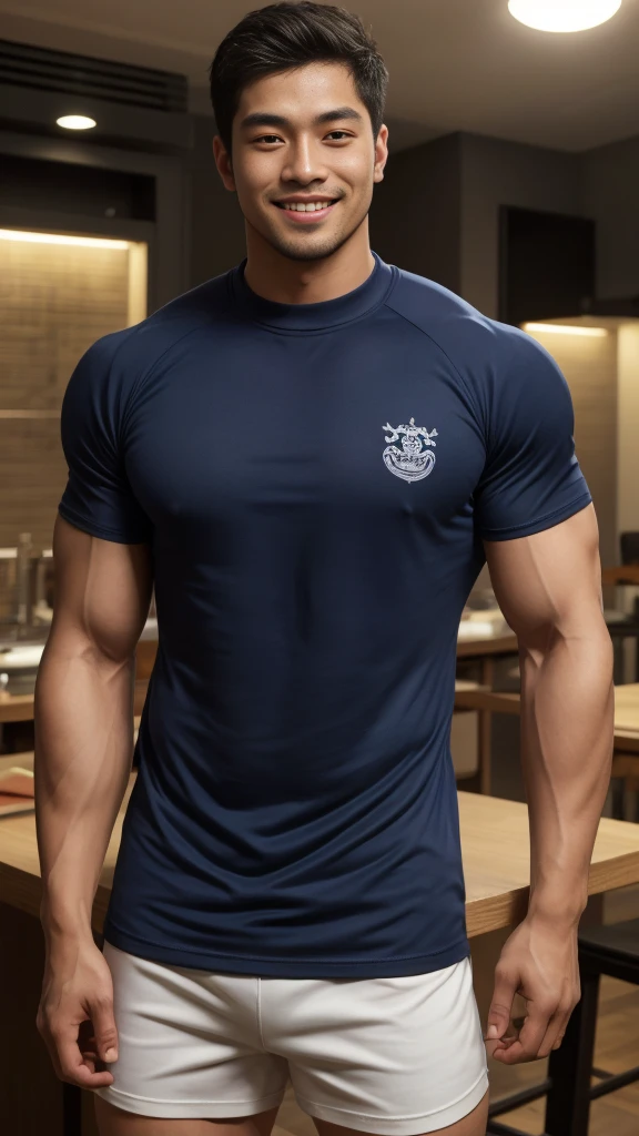((Highest quality, 8K, Masterpiece: 1.3))、Thailand Laos Burma Asia, Thai man, A handsome Asian rugby player with short hair, a muscular beard, and big muscles., 1A man who has、 yo、Good appearance、Beautiful nose、smile、 Detailed eyes and face、beautiful light、(studio)、high resolution、(Look at the viewer.)、Fine mouth、smile、whole body: 1.5, perfect shape: 1.3, Picture of both shoulders:1.3, Navy blue round neck t-shirt:1.5