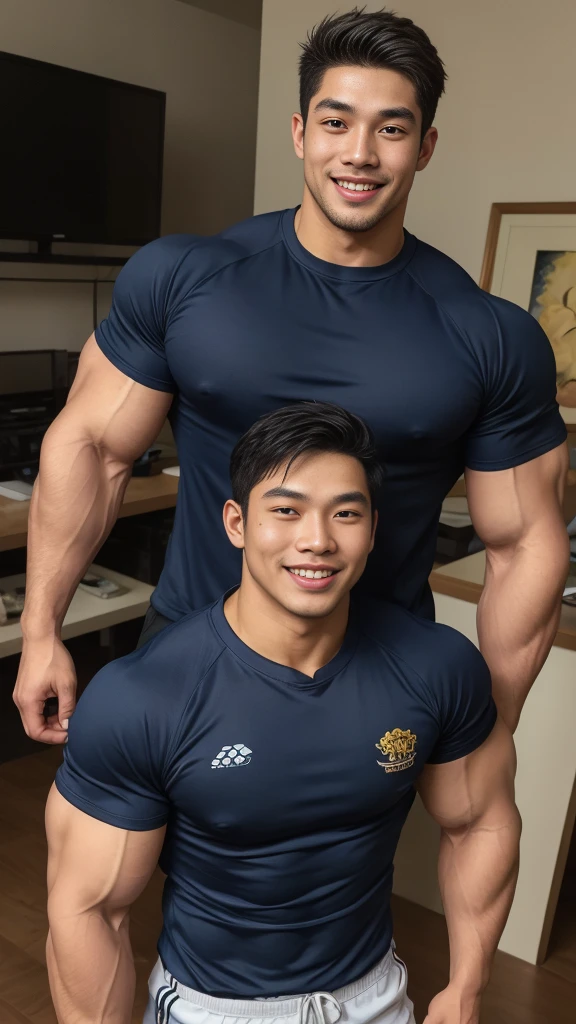 ((Highest quality, 8K, Masterpiece: 1.3))、Thailand Laos Burma Asia, Thai man, A handsome Asian rugby player with short hair, a muscular beard, and big muscles., 1A man who has、 yo、Good appearance、Beautiful nose、smile、 Detailed eyes and face、beautiful light、(studio)、high resolution、(Look at the viewer.)、Fine mouth、smile、whole body: 1.5, perfect shape: 1.3, Picture of both shoulders:1.3, Navy blue round neck t-shirt:1.5