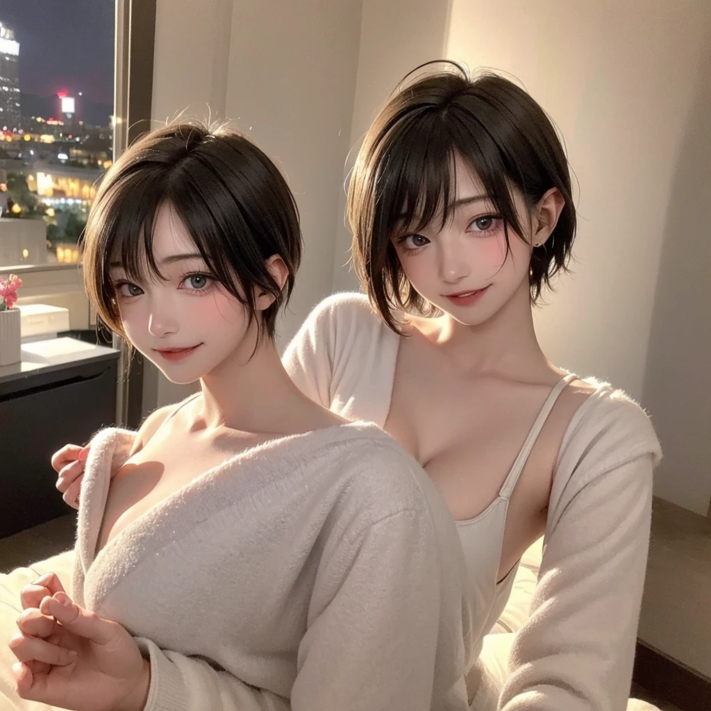 (tmasterpiece),(best qualtiy),8K,high detal,pov_doorway,1girl,blush,looking_at_viewer,cleavage,white hair,naked_apron,huge titasterpiece, highest quality, highest quality, Official Art, beautifully、beautiful:1.2, Cinema Lighting、Key light at 45 degrees from the front, Subsidy Light、Soft Backlight), Realistic depiction、photograph、Realistic depiction、Ultra-realistic、Raw Quality、
beautiful顔、Perfect round ass、the body is slim、(Accurate and detailed human body:1.5), Fit and body、Pale skin、Shiny, Bright Eyes、length eyelashes、
1 girl、alone、
accurate to the human body、Correct five-finger、The perfect human body、Knowledgeable person、Highly detailed face and skin texture、Natural neck length、(beautiful Hands)、beautiful, length, Thin legs、straighten both legs、Stretch your arms、
The perfect human body、Accurate human body、A perfect and accurate left hand、A perfect and accurate right hand、Perfect and precise fingers、
,Earrings,Big cleavage、
slim, (kind, Goddess-like eyes, happiness: 1.2), (Lip gloss, eyelash, Terrible face, highest quality, Ultra-high resolution, Wide Lighting, Natural Shading), Absolute area、
(((All these pajamaade from super soft fleece material.:1.8, zetai ryoiki, All these pajamaade from super soft fleece material shorts:1.3, Thick white horizontal stripes))),
Detailed Background、
Background Blur、Detailed and beautiful background
((Random hand gestures)),
(Blonde pixie short hair:1.3)、
Accurate 5-finger、Accurate human body、Perfect human body、
(((Big Breasts))),Bold Pose、sexy、Sensually、Ecstatic face、Being spoiled and pampered、Wide leg、(Sensual ecstatic smile:1.5)、indoor、Random Apartment Room Background、Window with a night view、