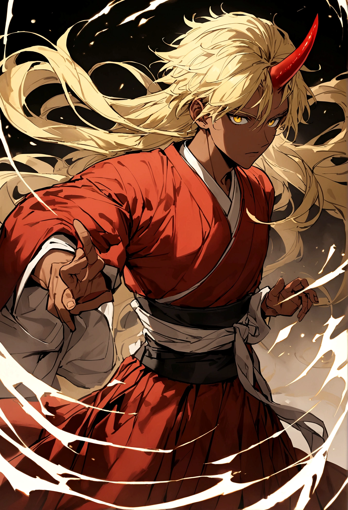 Beautiful young man with blond hair and dark skin, 27 years old, Yellow Eyes, A single red horn grows from the right side of its head.., Wearing traditional Korean clothing, Waist-length flowing hair.Fight enemies with magic.A tense look.