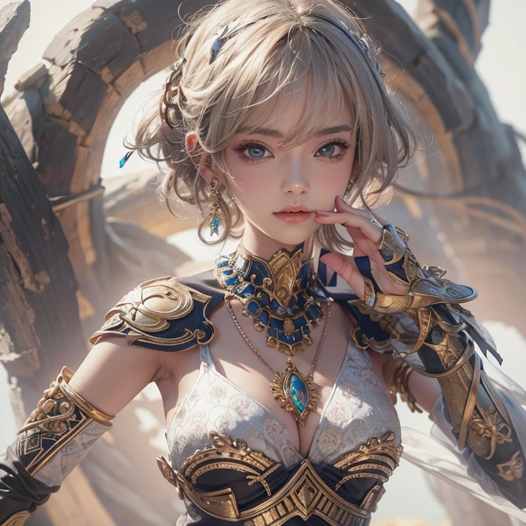 Woman in ancient battle attire、Serious expression、Short-haired、Deadly position, Gorgeous Necklace, scale skin:1.5, Enchanting anime girl, Beautiful and seductive woman, Realistic and perfect body, Perfect body with realistic shadows, Woman with reptilian eyes：1.5、8K