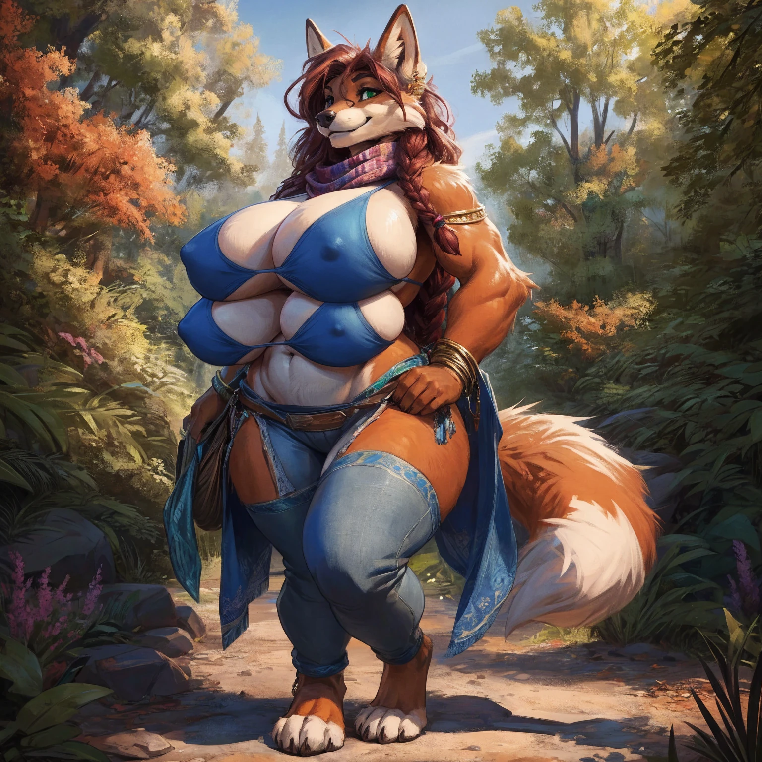 8K, ((masterpiece)), ((stunning artwork)), (carefully drawn), (highly detailed), uploaded to e621.net, solo, fox, female, short woman, shortstack, older woman, milf, curvy, thick, orange fur, white markings, dark red hair, long hair, braided hair, green eyes, perfect eyes, (four breasts:1.4), (quadboob:1.2), top breasts are larger, huge breasts, nipple outline, older woman, furry body, wide body, wide hips, thick thighs, big arms, (huge breasts:1.1), heavy breasts, nipple outline, highly detailed eyes, milf, tank top, bare midriff, cleavage, large areolae, blue jeans, lowrise jeans, bare midriff, visible thong straps, Masterpiece, best quality, absurd res, highly detailed, cleanly drawn eyes, park environment, jewelry, hippie, scarf, cute smile, standing upright, casual posture, buff, barefoot, standing upright, digitgrade, four toes, by darkgem, by duase,