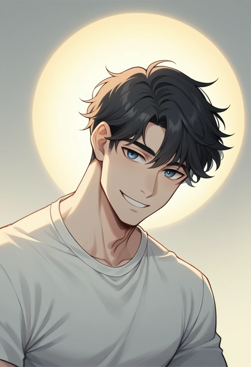 masterpiece,best quality,Disorganized,The original,Very refined,The eyes and face are beautifully detailed,1 boy, Black Hair, Short hair,shirt, Looking at the audience, Solitary, (Glowing skin),(masterpiece:1.4),(best quality:1.4),Practical,Exquisite facial features,Handsome man,Gentle man,Smile,Shut up