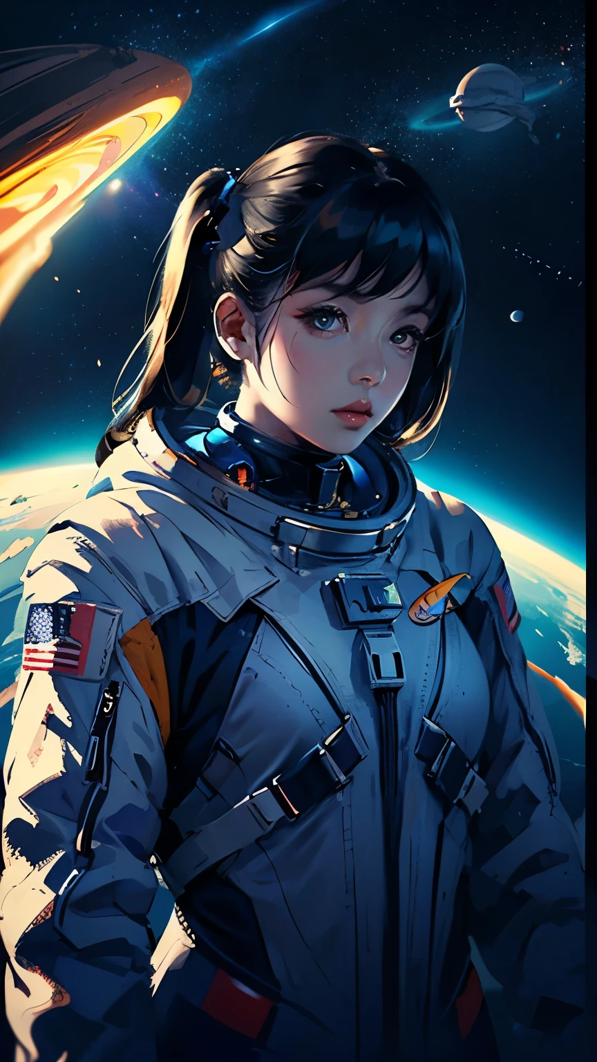 Looking at the camera、Upper Body、Black Hair、Pigtails、Retro space suit、Space Background、Flying through space、Predominant blue light、High resolution、High resolution、Maximum resolution 、Asian、Moderate bust、woman、nasa、