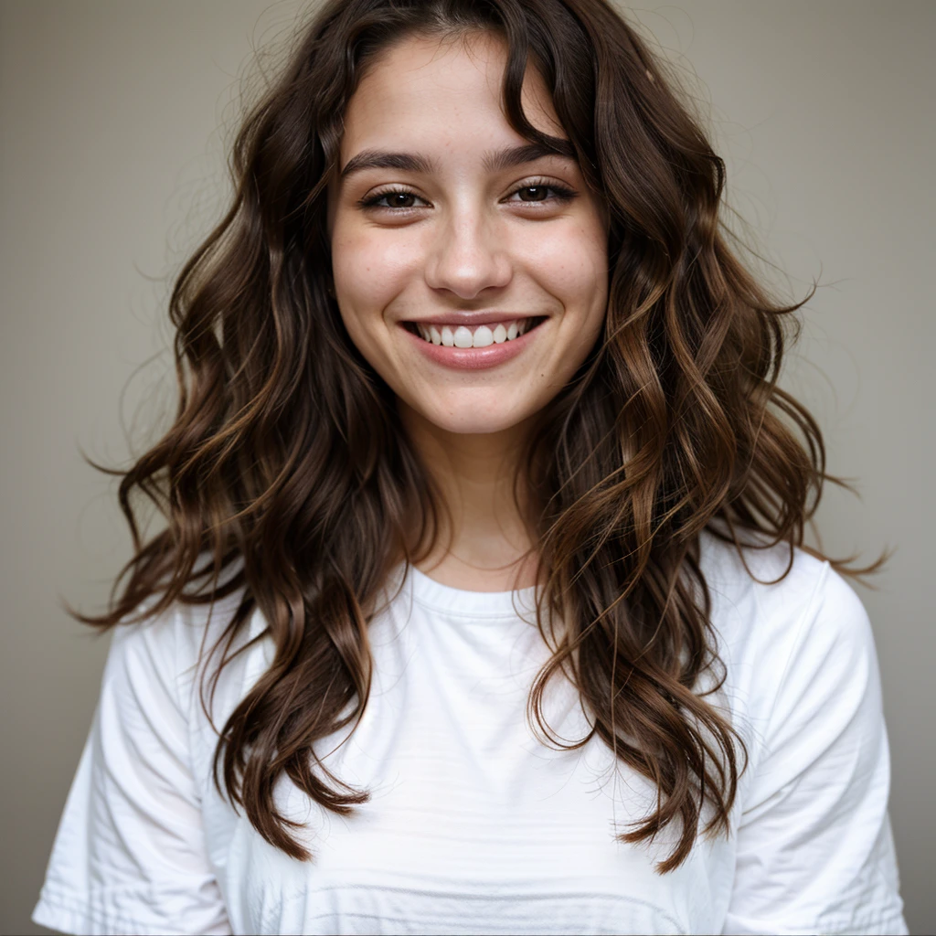 1 woman,22 years old , wavy hair, dark brown eyes, big smile and happy