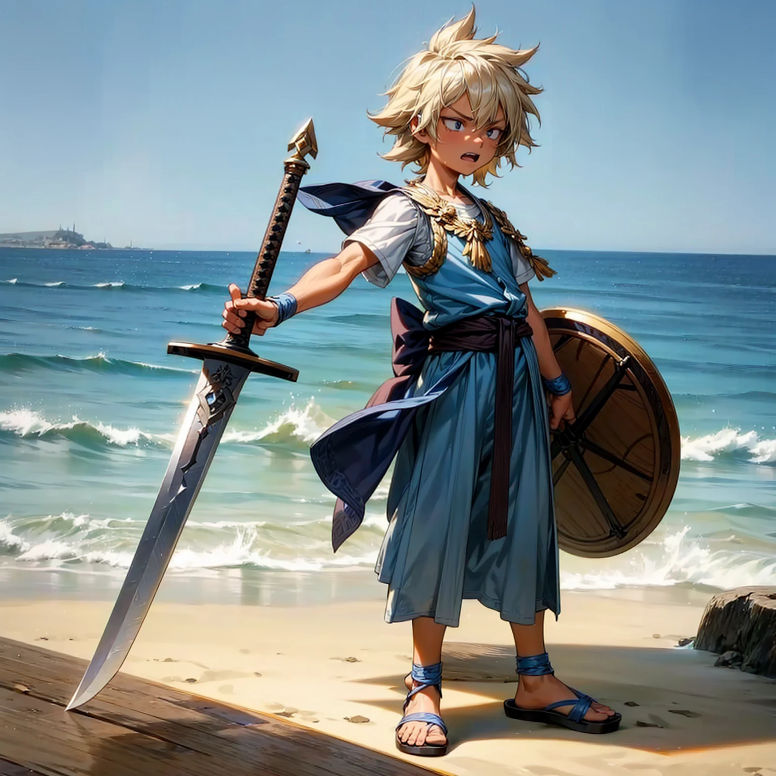 1**********s, Full body version, 1character, blue eyes, Tan skin, long Shaggy hairstyle, blonde colour hair, angry expression, ancient Greek clothing, blue colour clothing, ancient Greek sandals, wood sword in hand, small shield wood in hand, wood armor vest, Grassroots background in beach 