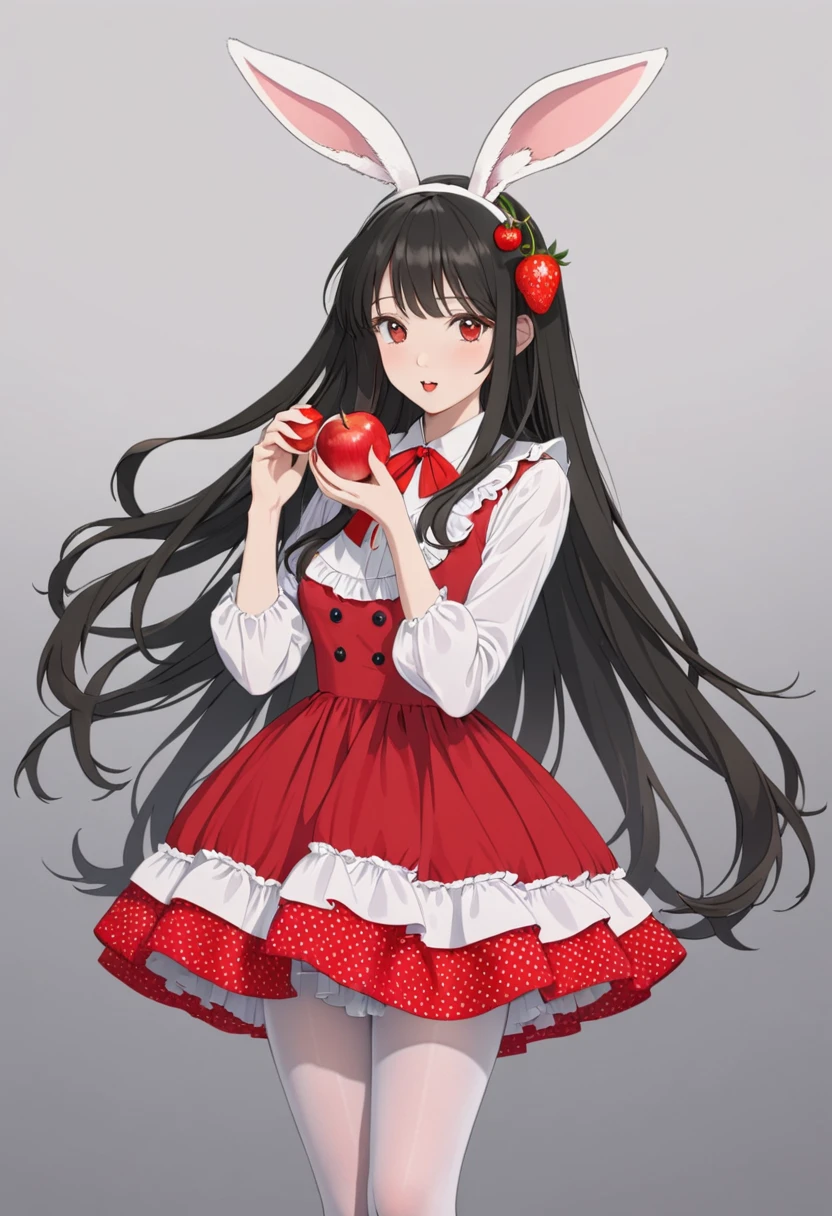 1girl,animal ears,apple,black hair,cherry,dress,food,fruit,gradient,gradient background,grey background,holding food,holding fruit,long hair,pantyhose,rabbit ears,red apple,solo,strawberry,very long hair,white legwear