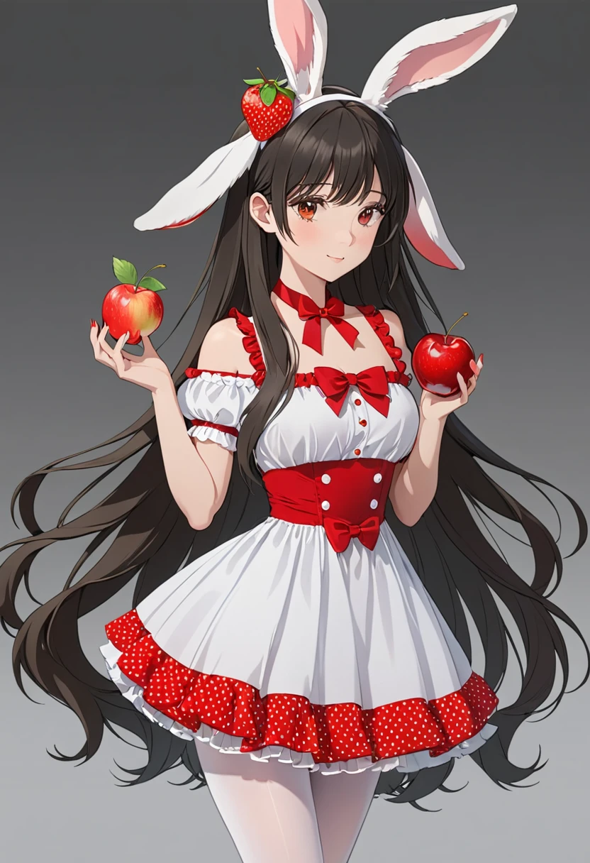 1girl,animal ears,apple,black hair,cherry,dress,food,fruit,gradient,gradient background,grey background,holding food,holding fruit,long hair,pantyhose,rabbit ears,red apple,solo,strawberry,very long hair,white legwear