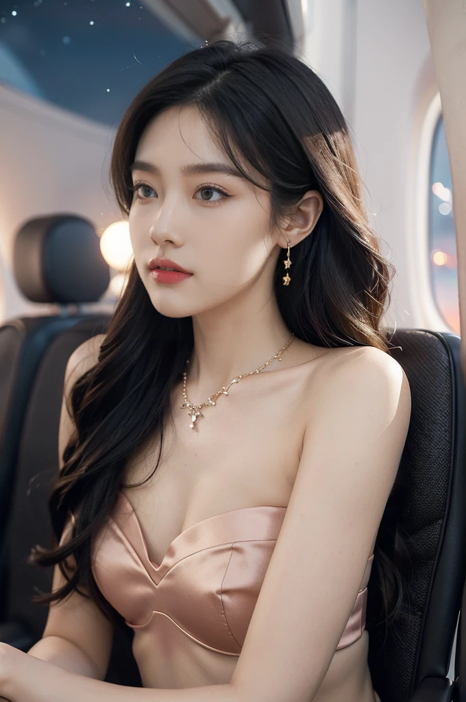 (((best quality))),(((ultra detailed))),(((masterpiece))),illustration,(a beautiful girl,female passenger,solo),(parted red lips),((slim,thin,small breasts,flat chest)),((earrings,crystal necklace)),summer night,((in airplane,economy class,indoor)),((strapless bra)),(shoulder length straight bob hair:1.2),stars,moonlight,smooth flight,engine sound,lullaby,relaxed,excited,laughing,visiting family,comfortable seats,soft fabric,headrests,adjustable,beauty of night sky,dimmed lights,sleeping passengers,movies,personal screens,staying awake,magic of sky,joy of being with family,memorable journey,adventures,(surrounded by crowded crowds:1.3),(Outside the window is high-altitude night view:1.2),((from front,close-up of face))